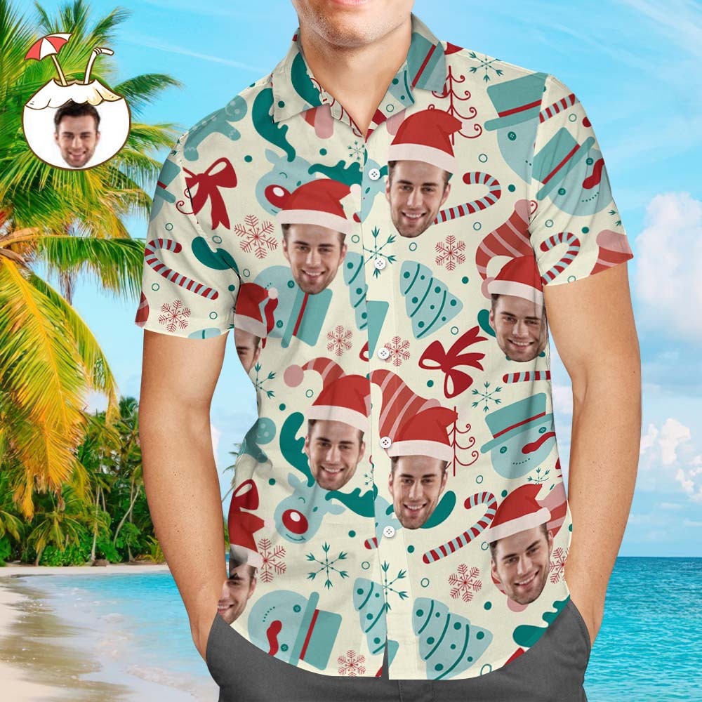 Custom Face Shirt Personalized Photo Men's Hawaiian Shirt Christmas Gift - Santa Hat - FaceSocksUSA