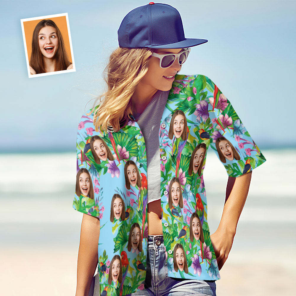 Custom Photo Hawaiian Shirt Parent-child Wears Personalized Face Hawaiian Shirt Gift Colorful Parrot - FaceSocksUSA