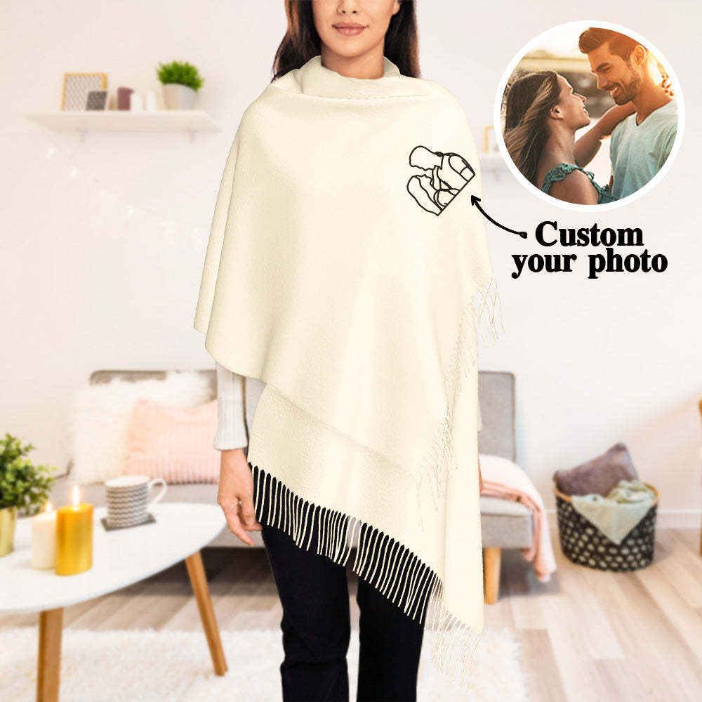 Personalized Embroidery Scarf Custom Line Drawing Scarf Warm Fringe Shawl Gift for Lovers - FaceSocksUsa