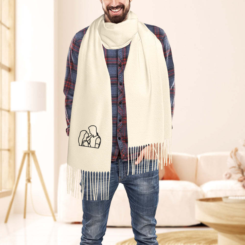Personalized Embroidery Scarf Custom Line Drawing Scarf Warm Fringe Shawl Gift for Lovers - FaceSocksUsa