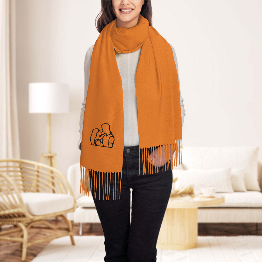Personalized Embroidery Scarf Custom Line Drawing Scarf Warm Fringe Shawl Gift for Lovers - FaceSocksUsa
