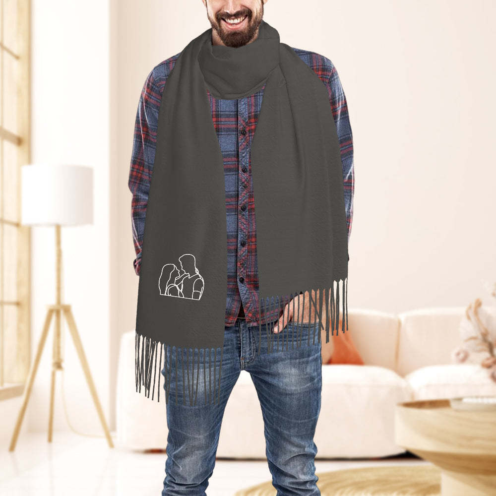 Personalized Embroidery Scarf Custom Line Drawing Scarf Warm Fringe Shawl Gift for Lovers - FaceSocksUsa