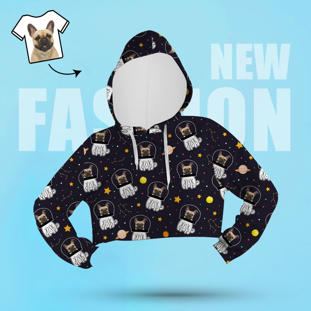 Custom Face Women's Cropped Hoodie Casual Printed Photo Black Pullover - Space Dog-FaceSocksUSA