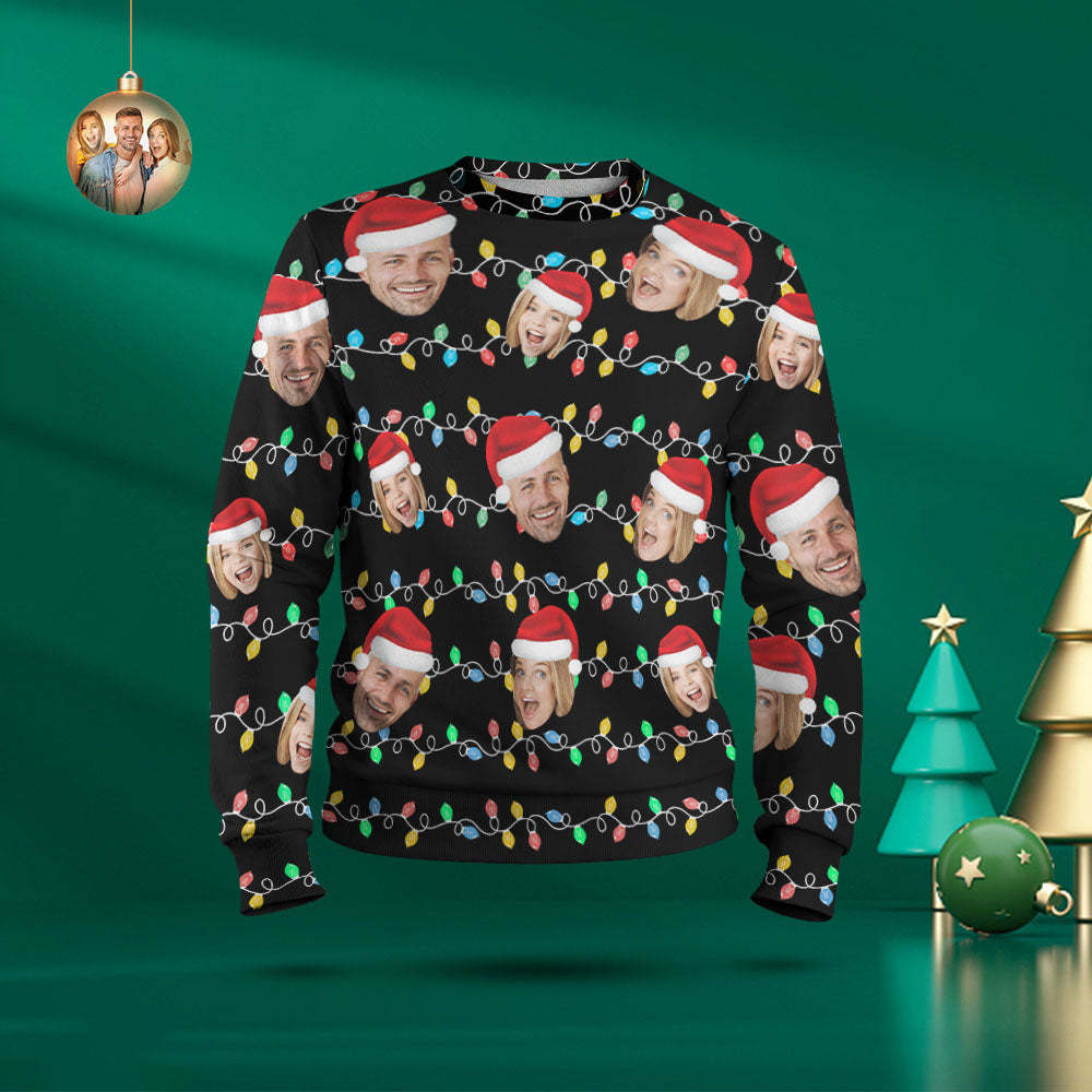 Custom Face Round Neck Hoodie Personalized Photo Christmas Family Xmas Leds Unisex Hoodies - FaceSocksUSA