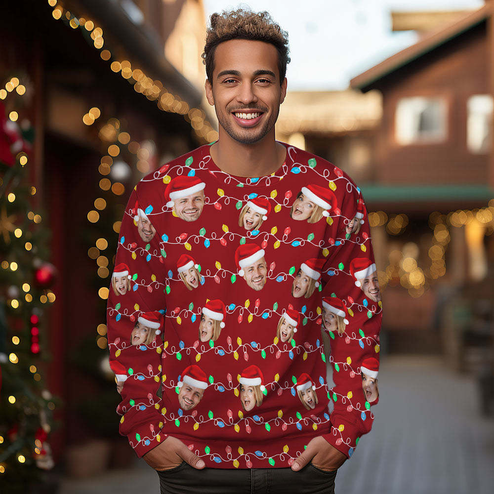 Custom Face Round Neck Hoodie Personalized Photo Christmas Family Xmas Leds Unisex Hoodies - FaceSocksUSA