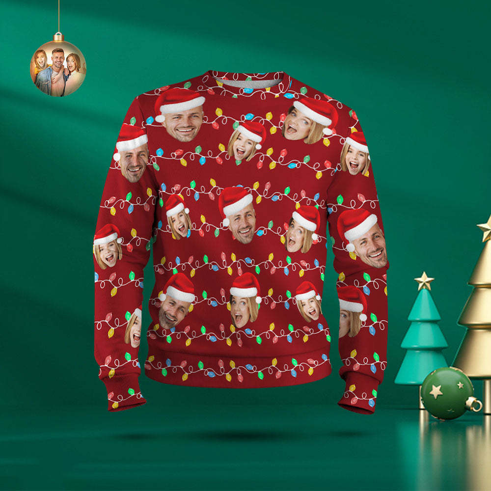 Custom Face Round Neck Hoodie Personalized Photo Christmas Family Xmas Leds Unisex Hoodies - FaceSocksUSA