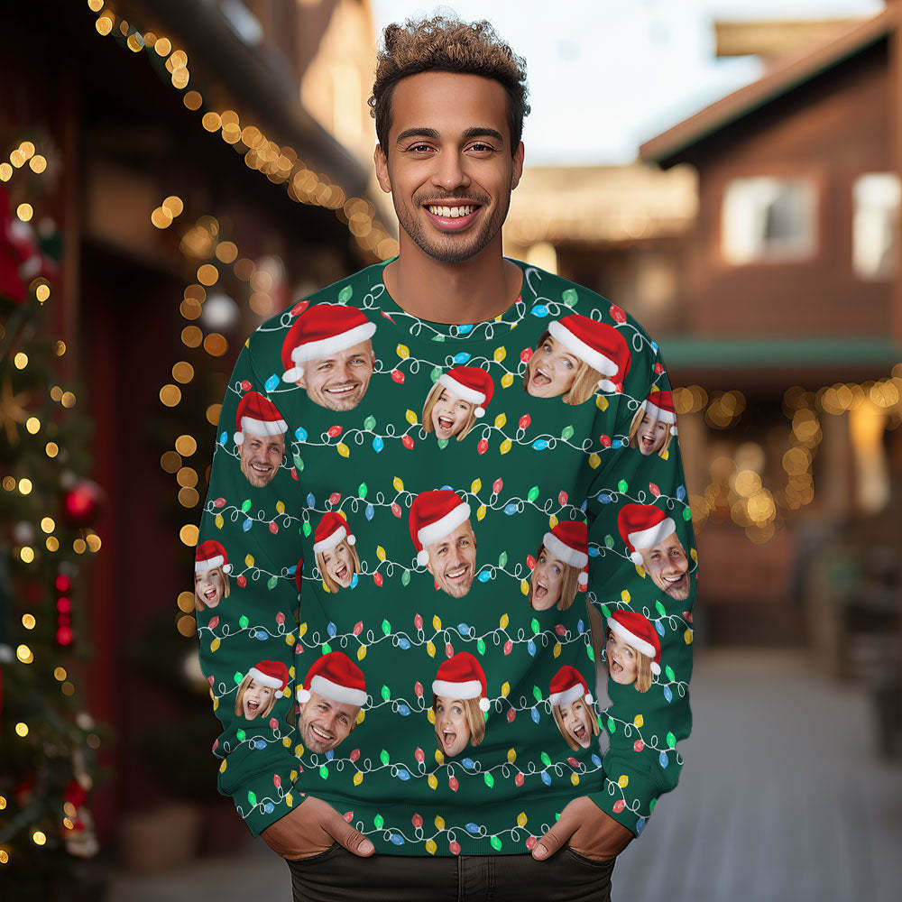 Custom Face Round Neck Hoodie Personalized Photo Christmas Family Xmas Leds Unisex Hoodies - FaceSocksUSA