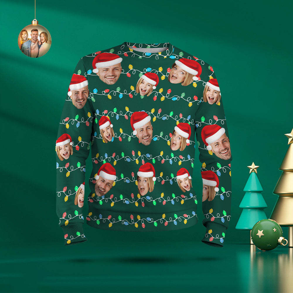 Custom Face Round Neck Hoodie Personalized Photo Christmas Family Xmas Leds Unisex Hoodies - FaceSocksUSA