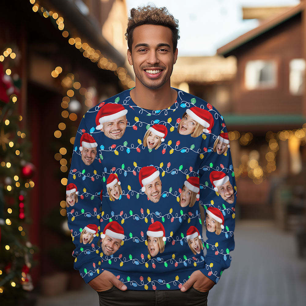 Custom Face Round Neck Hoodie Personalized Photo Christmas Family Xmas Leds Unisex Hoodies - FaceSocksUSA