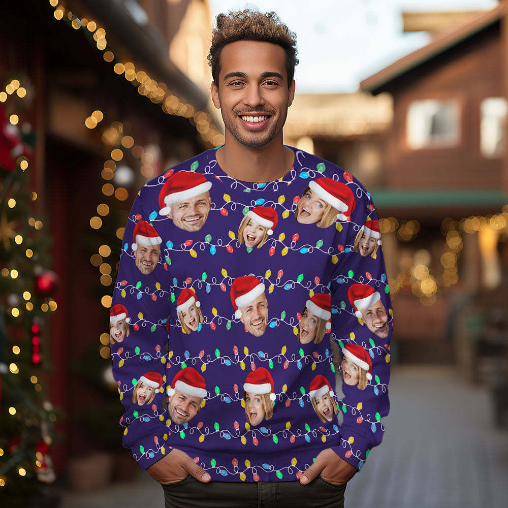 Custom Face Round Neck Hoodie Personalized Photo Christmas Family Xmas Leds Unisex Hoodies - FaceSocksUSA