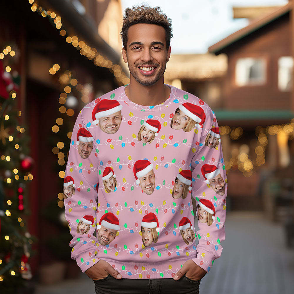 Custom Face Round Neck Hoodie Personalized Photo Christmas Family Xmas Leds Unisex Hoodies - FaceSocksUSA