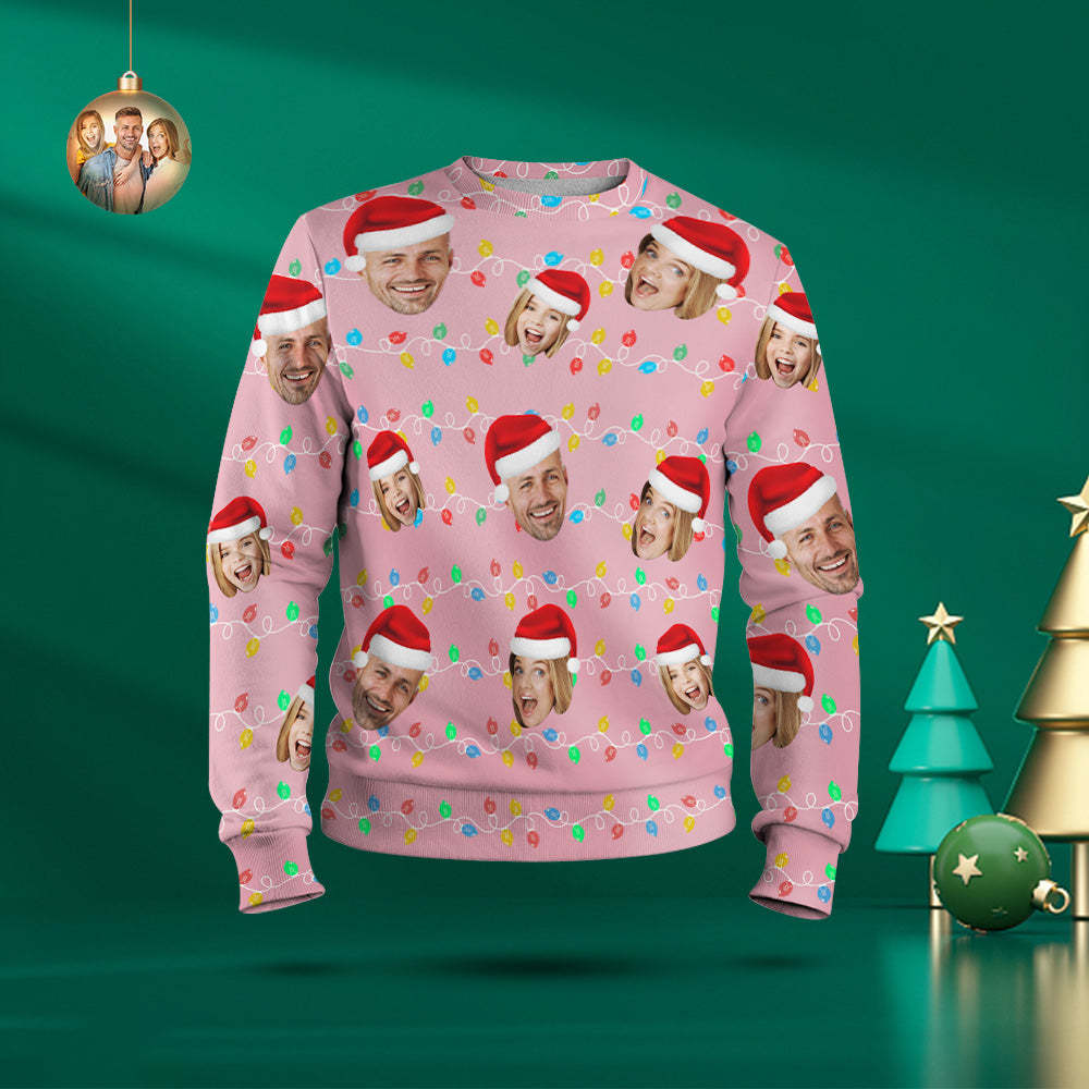 Custom Face Round Neck Hoodie Personalized Photo Christmas Family Xmas Leds Unisex Hoodies - FaceSocksUSA