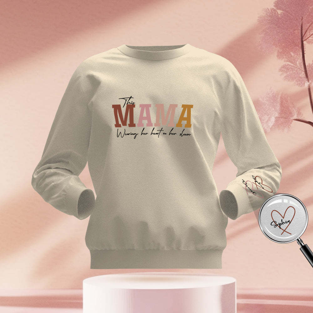 Custom Name Round Neck Sweatshirt Personalized Crewneck Sweatshirts Wear Heart On Sleeve Sweatshirt Mother's Day Gift - FaceSocksUSA