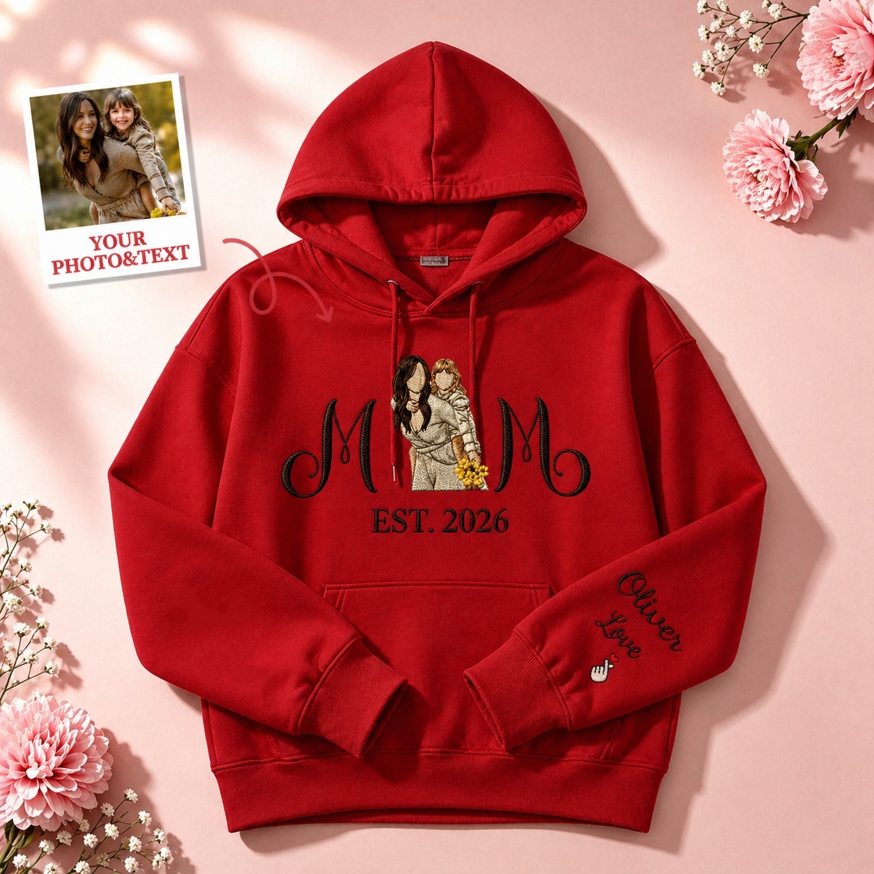 Custom Embroidered Mum Sweatshirt with Mum Kids Portrait - FaceSocksUSA