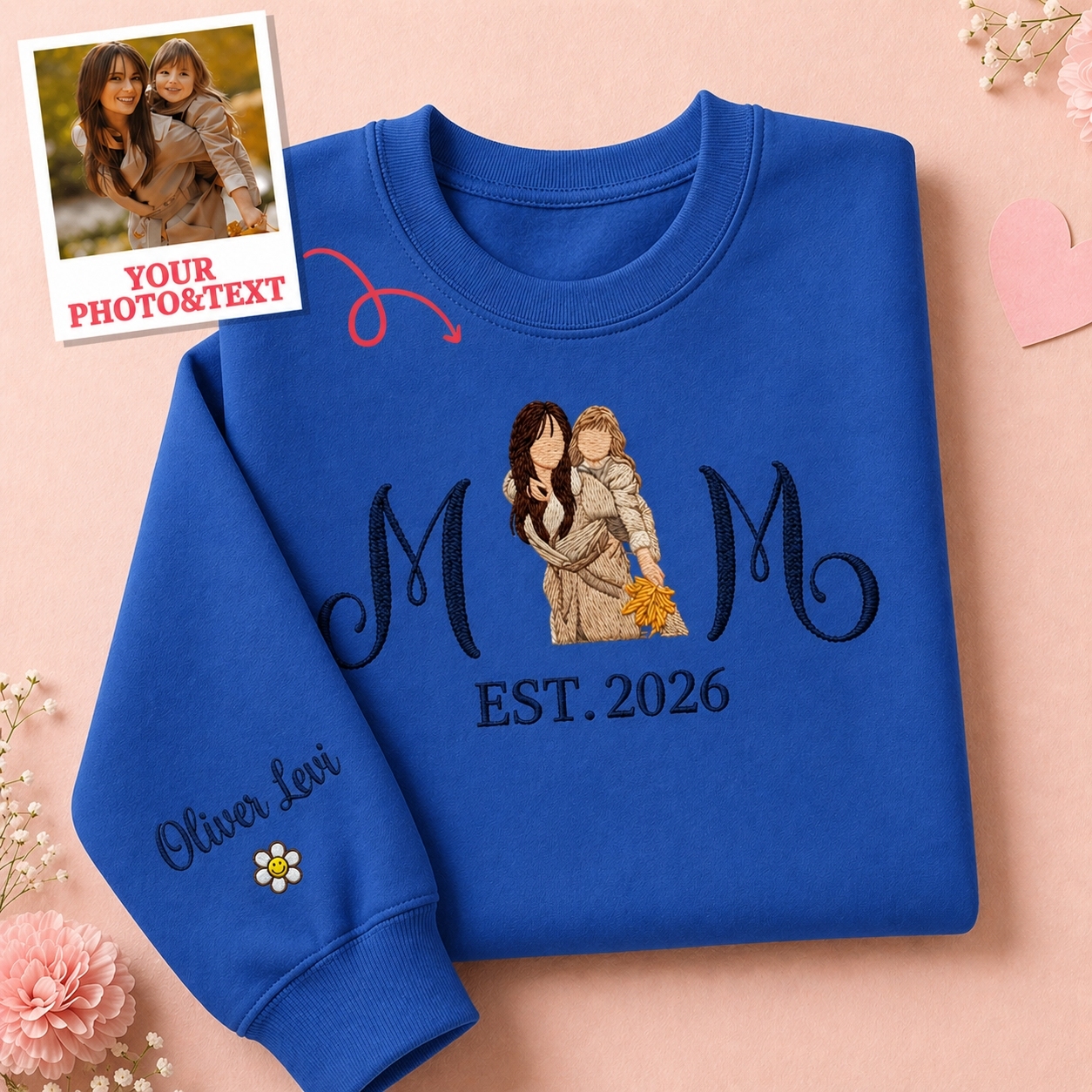 Custom Embroidered Mum Sweatshirt with Mum Kids Portrait - FaceSocksUSA