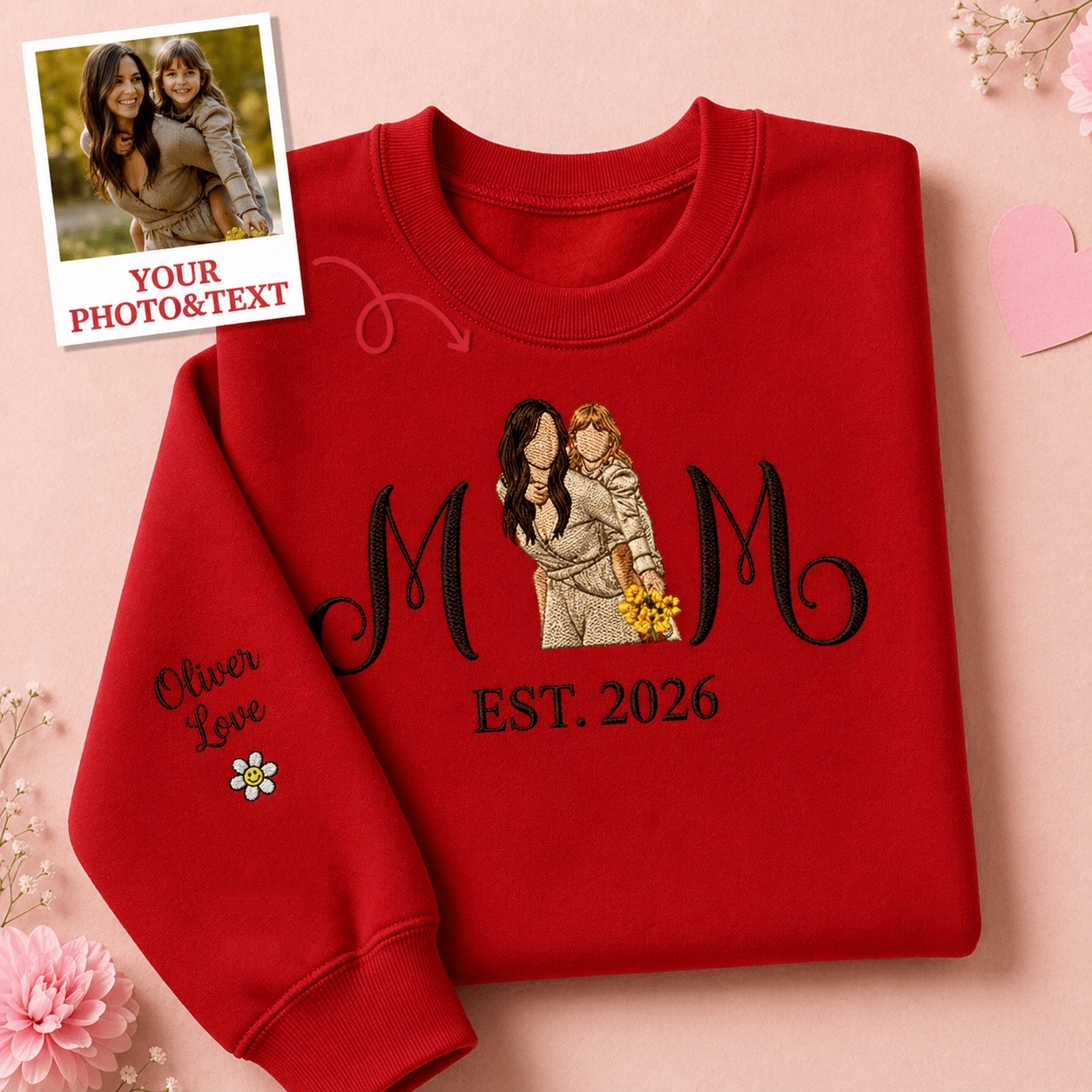 Custom Embroidered Mum Sweatshirt with Mum Kids Portrait - FaceSocksUSA