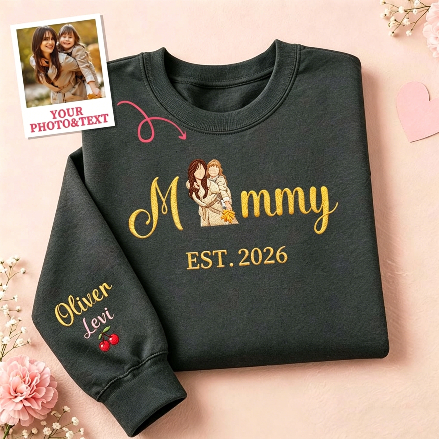 Custom Embroidered Mum Sweatshirt with Mum Kids Portrait - FaceSocksUSA