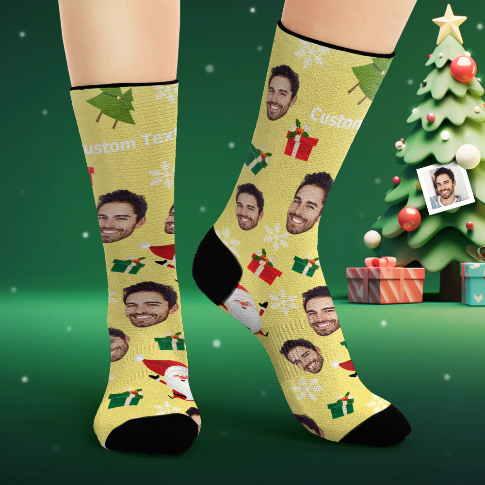 Custom Face Socks Personalized Photo Yellow Socks Cute Santa Claus