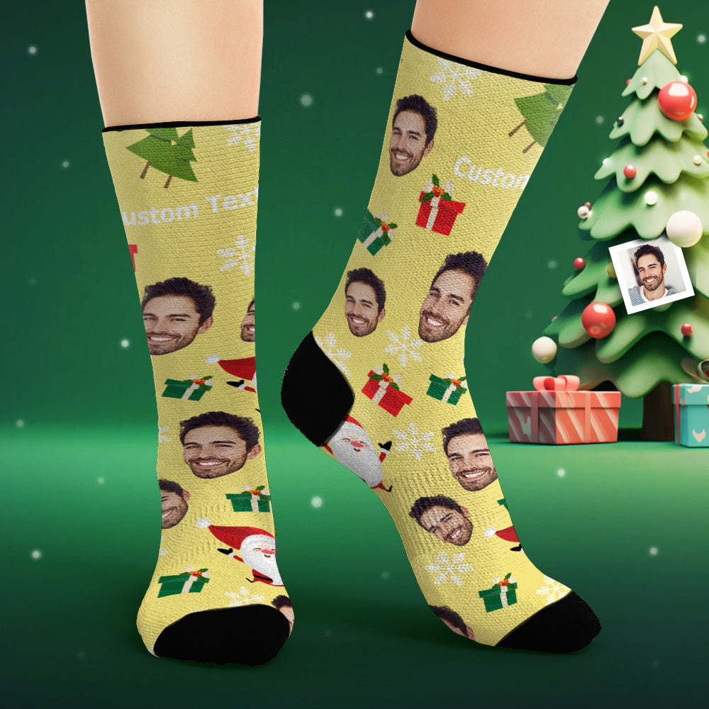 Custom Face Socks Personalized Photo Yellow Socks Cute Santa Claus - FaceSocksUsa