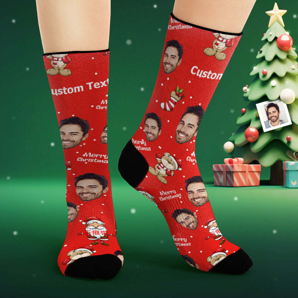 Custom Face Socks Personalized Photo Red Socks Merry Christmas - FaceSocksUsa