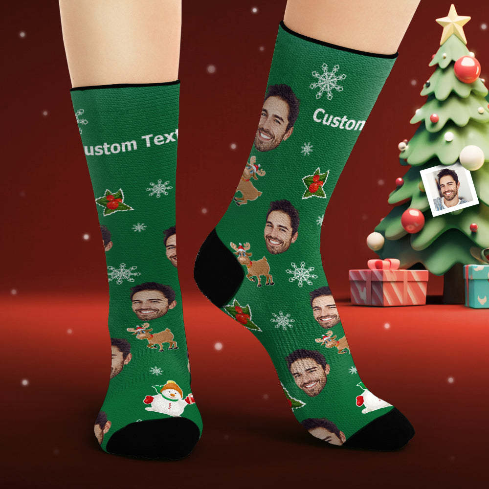 Custom Face Socks Personalized Photo Green Socks Cute Christmas Elements Christmas Gifts - FaceSocksUsa
