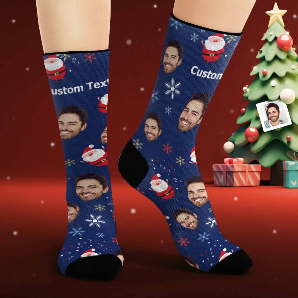 Custom Face Socks Personalized Photo Blue Socks Cute Santa Claus - FaceSocksUsa