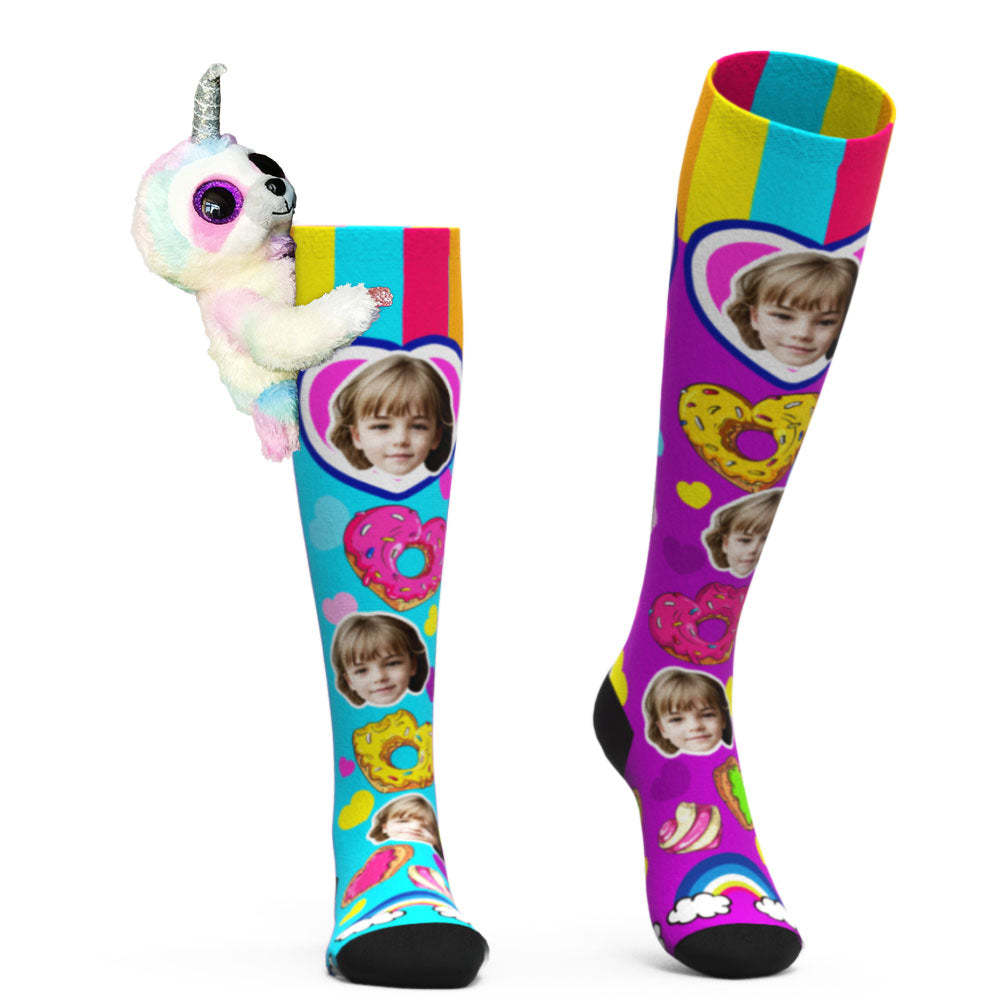 Custom Socks Knee High Face Socks Sloth Doll Colorful Donut Socks - FaceSocksUsa