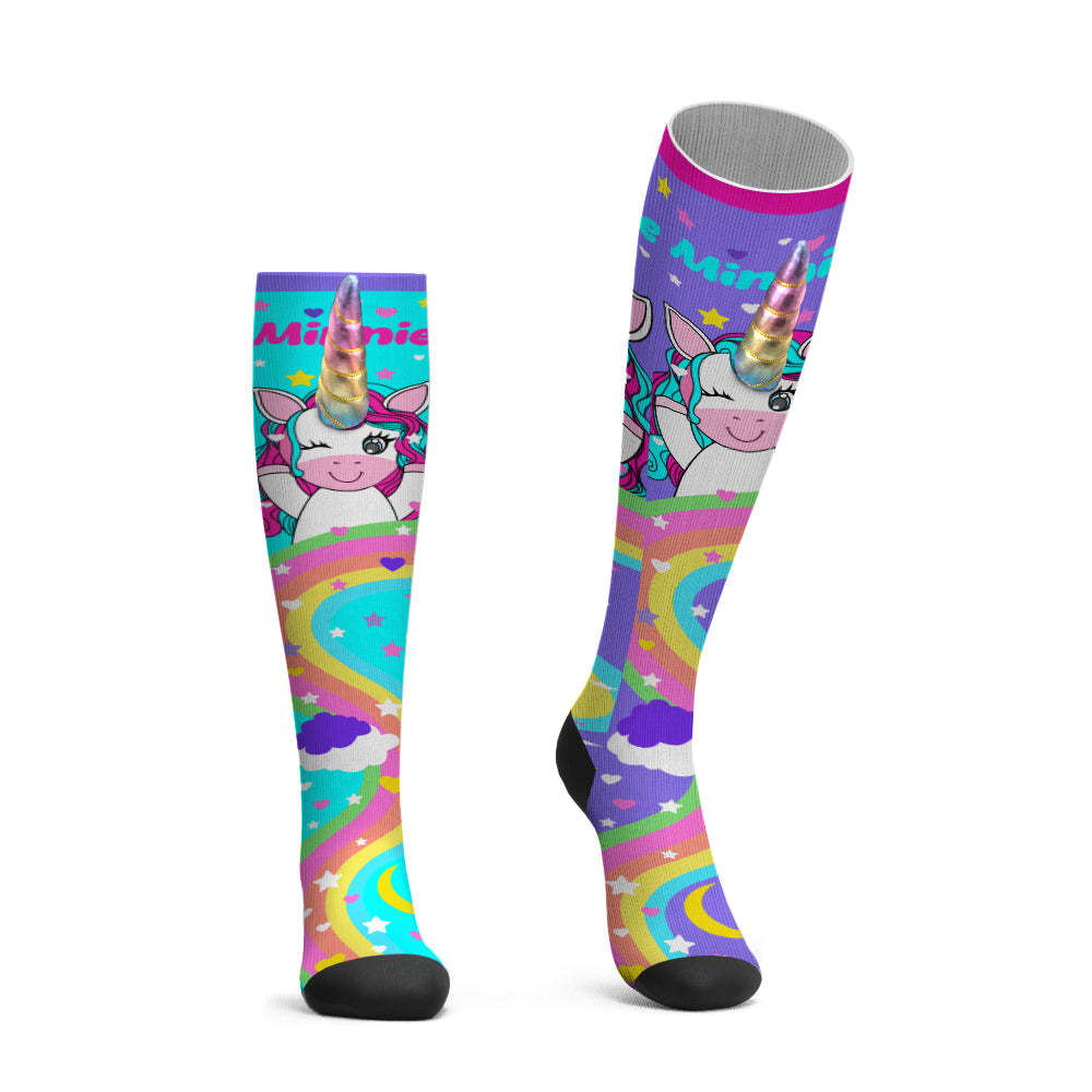 Custom Name Socks Knee High Socks 3D Unicorn Horn Cartoon Socks - FaceSocksUsa