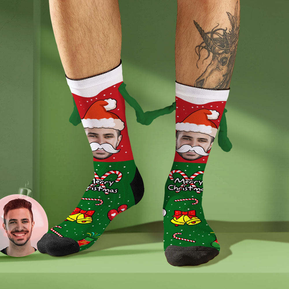 Custom Santa Claus Face Socks Funny Doll Mid Tube Socks Magnetic Holding Hands Socks Merry Christmas - FaceSocksUSA