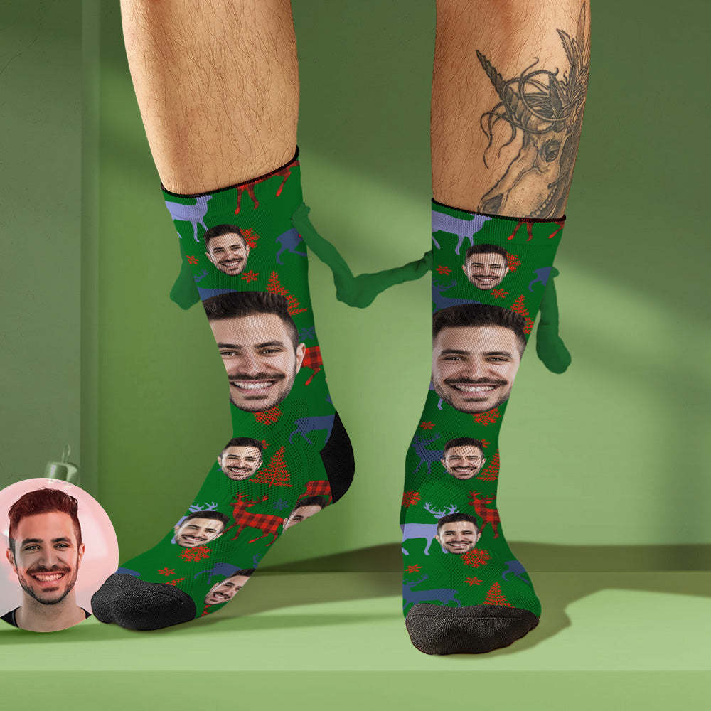 Custom Face Socks Funny Doll Mid Tube Socks Magnetic Holding Hands Socks Merry Christmas - FaceSocksUSA