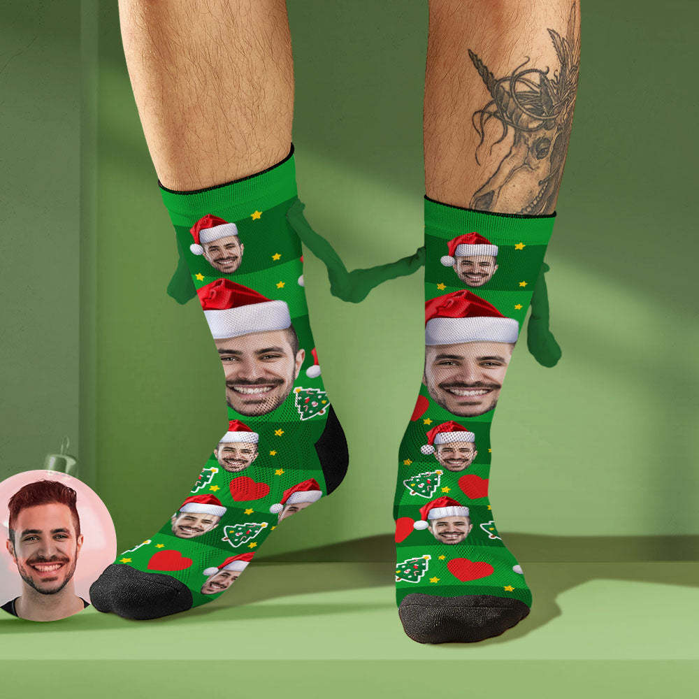 Custom Face Socks with Santa Hat Funny Doll Mid Tube Socks Magnetic Holding Hands Socks Christmas Gifts - FaceSocksUSA