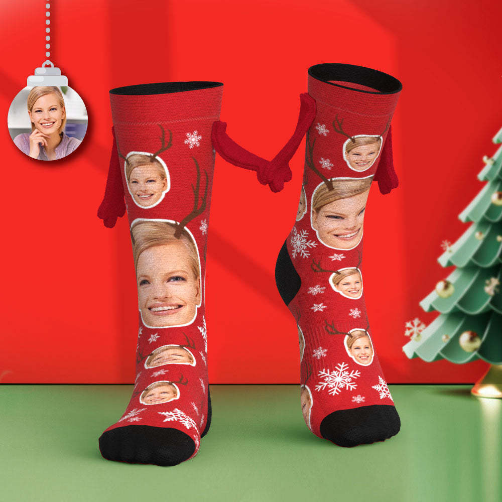 Custom Face Socks Funny Doll Mid Tube Socks Magnetic Holding Hands Socks Cute Elk - FaceSocksUSA