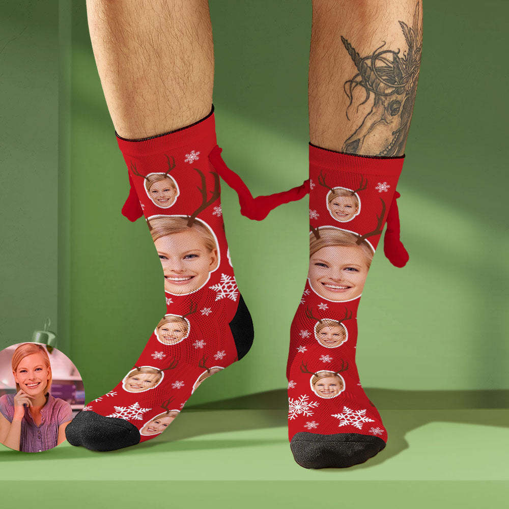 Custom Face Socks Funny Doll Mid Tube Socks Magnetic Holding Hands Socks Cute Elk - FaceSocksUSA