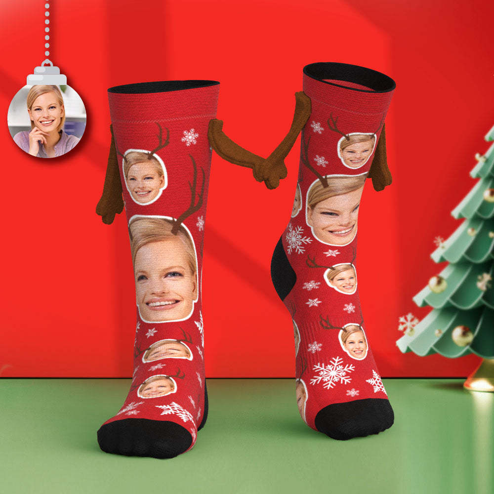 Custom Face Socks Funny Doll Mid Tube Socks Magnetic Holding Hands Socks Cute Elk - FaceSocksUSA