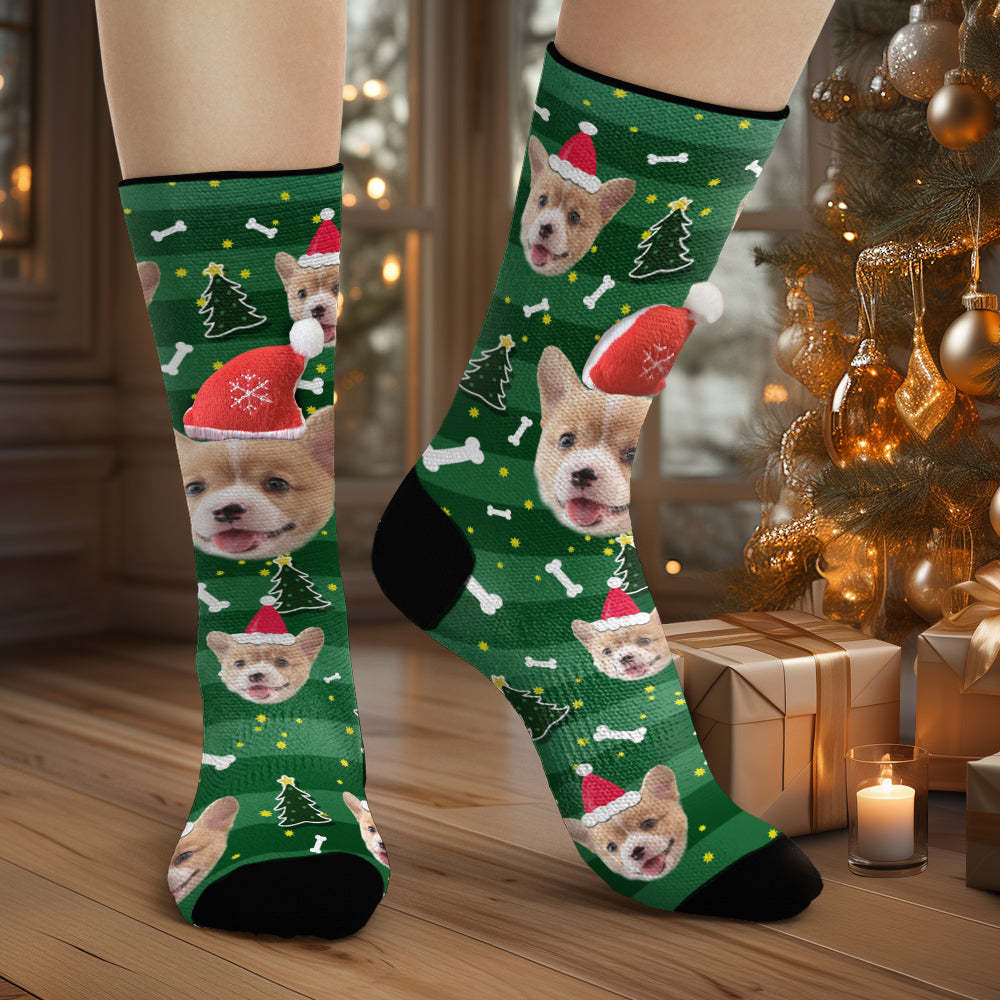 Custom Dog Face Socks Personalized 3D Santa Hat Green Socks Christmas Gifts	 - FaceSocksUSA