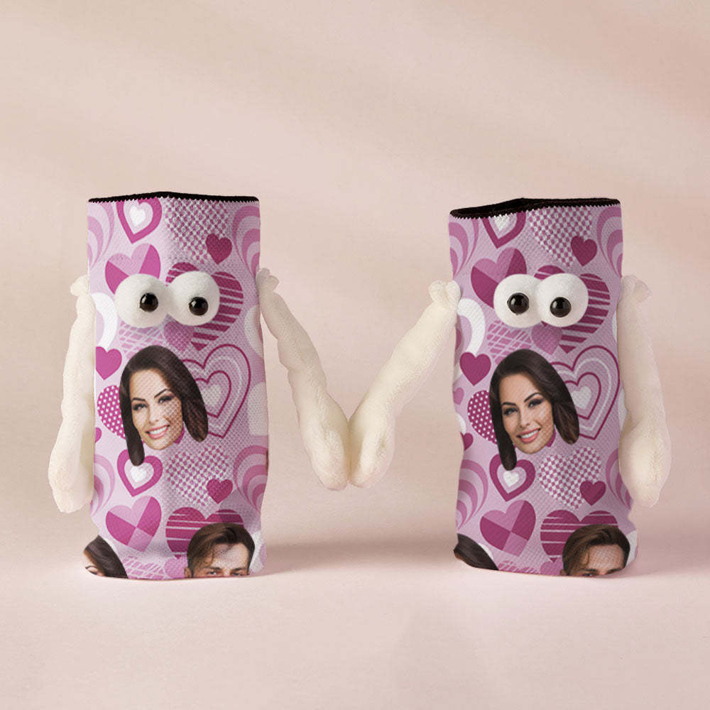 Custom Face Socks Funny Doll Mid Tube Socks Magnetic Holding Hands Socks Purple Heart Valentine's Day Gifts - FaceSocksUSA