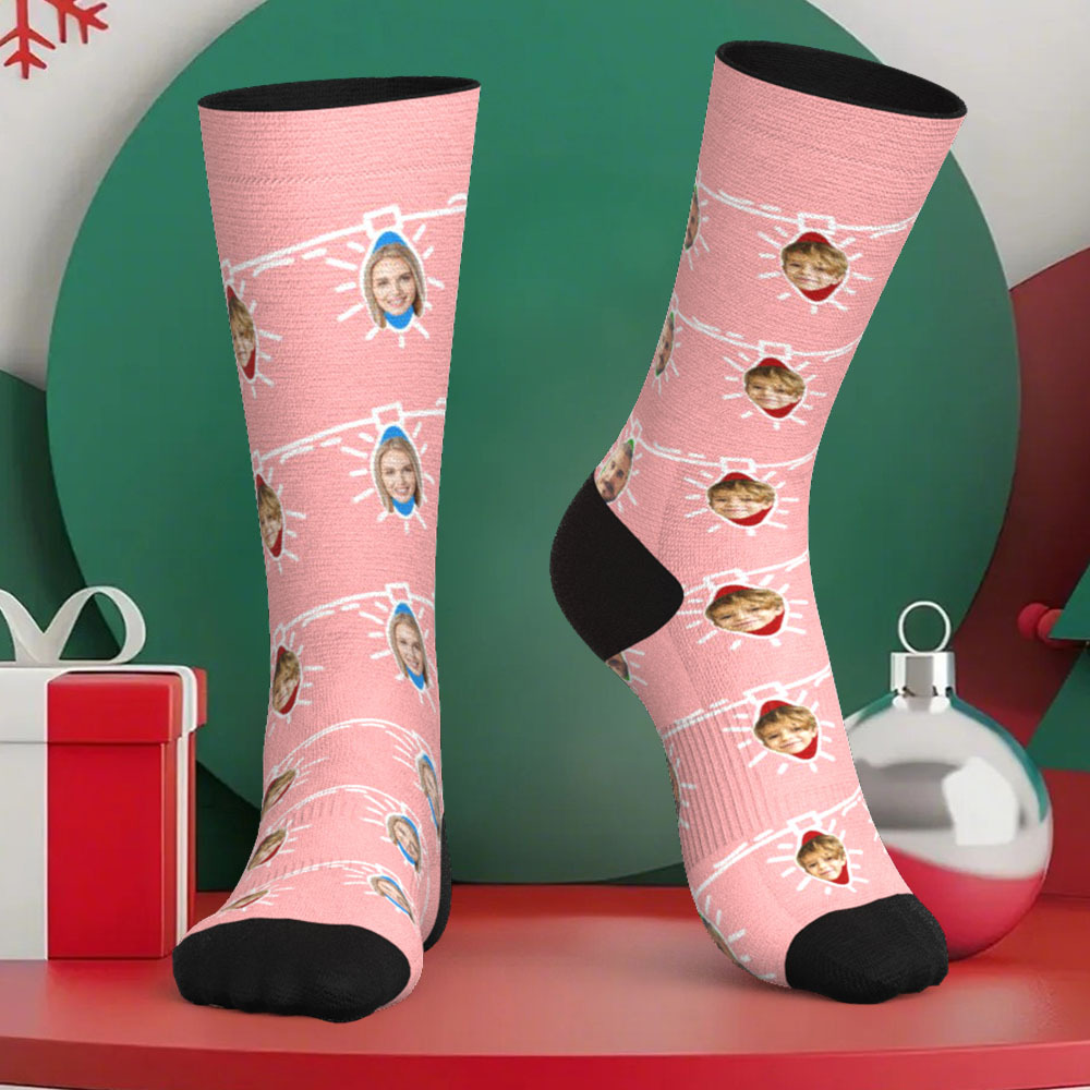 Custom Face Socks Personalized Christmas Lights Photo Socks Christmas Gift for Family - FaceSocksUSA