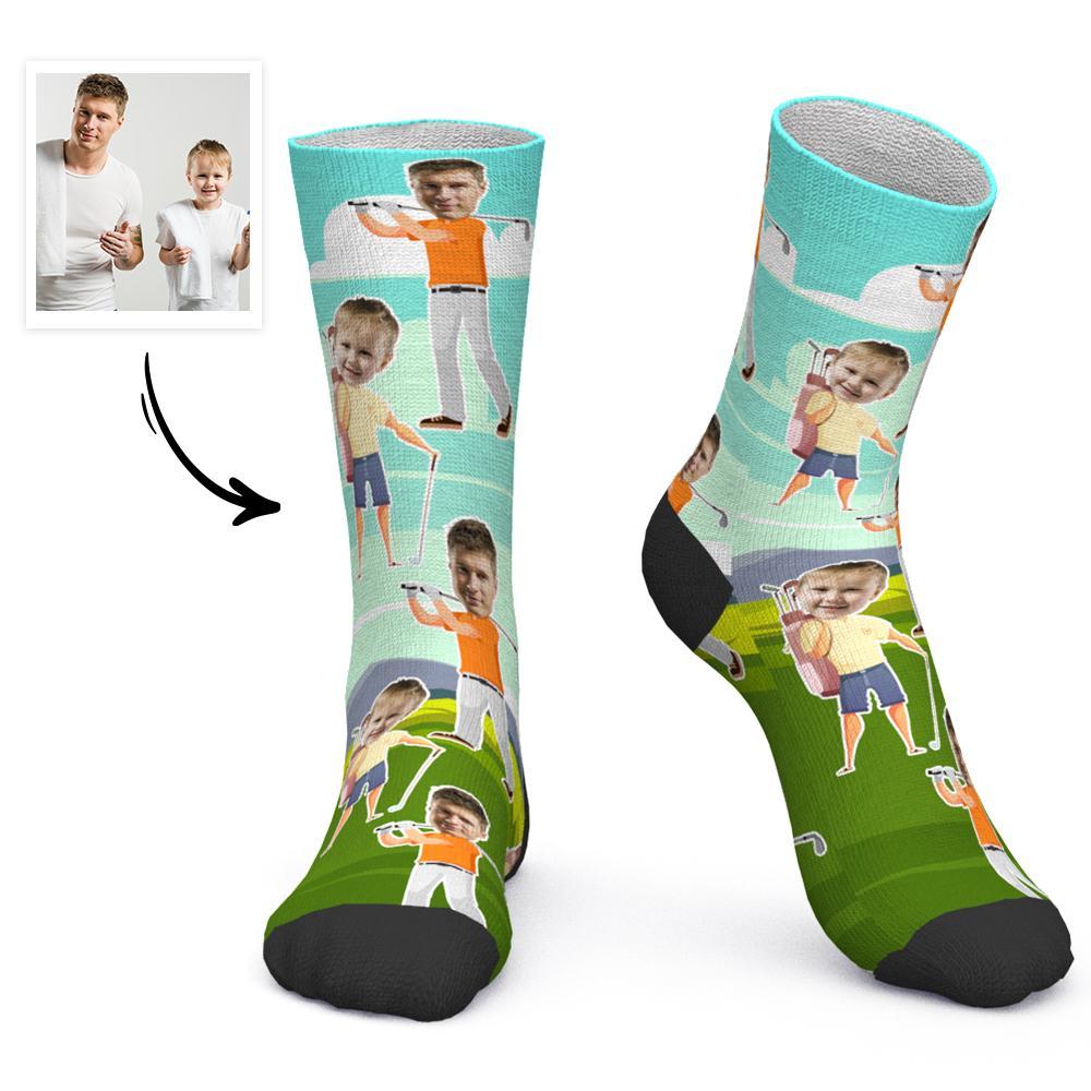 Father's Day Gift Custom Socks Personalized Photo Socks Playing Golf with Dad-FaceSocksUSA