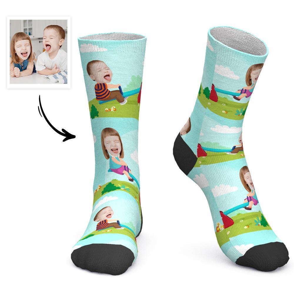 Father's Day Gift Custom Socks Personalized Photo Socks Children Playing Seesaw-FaceSocksUSA