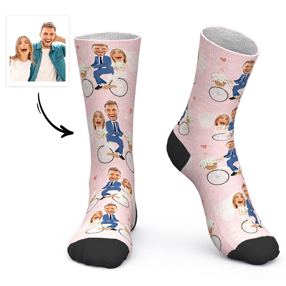 Custom Face Socks Personalized Photo Socks Wedding on Bicycle - FaceSocksUSA