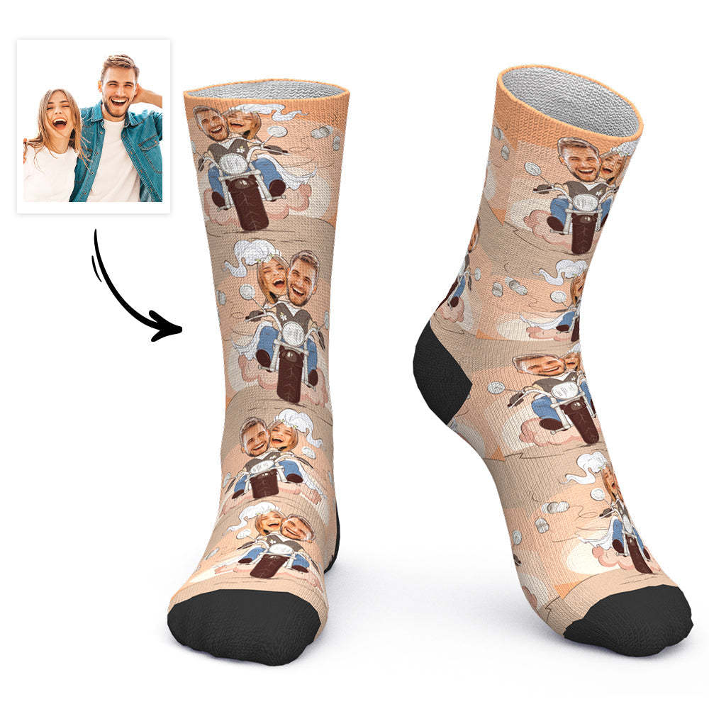 Custom Face Socks Personalized Photo Socks Wedding on a Motorcycle