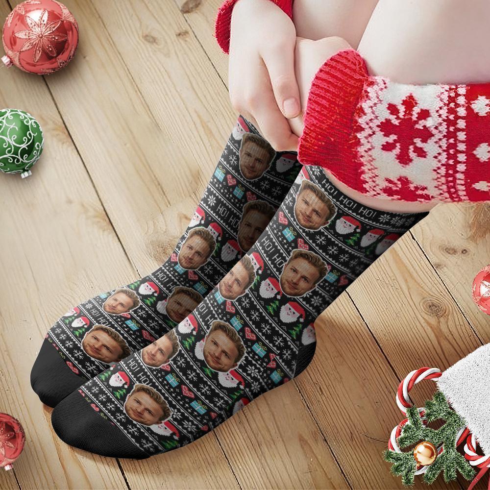 Custom Face Socks Personalized Photo Socks Christmas Gift Santa Socks - Black - FaceSocksUSA