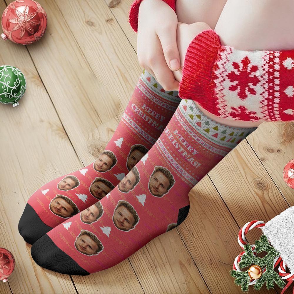 Custom Face Socks Personalized Photo Socks Christmas Gift Santa Socks Beautiful Christmas Tree - Merry Christmas - FaceSocksUSA