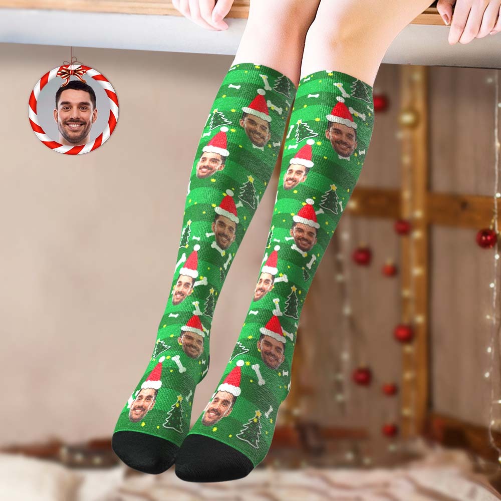 Custom Knee High Socks Personalized Face Christmas Socks Christmas Tree	 - FaceSocksUSA