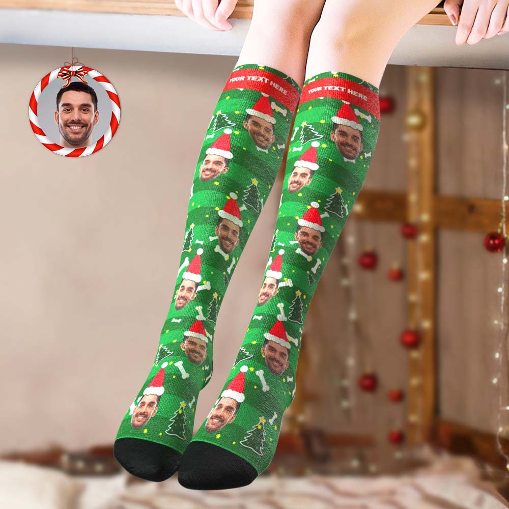 Custom Knee High Socks Personalized Face Christmas Socks Christmas Tree	 - FaceSocksUSA