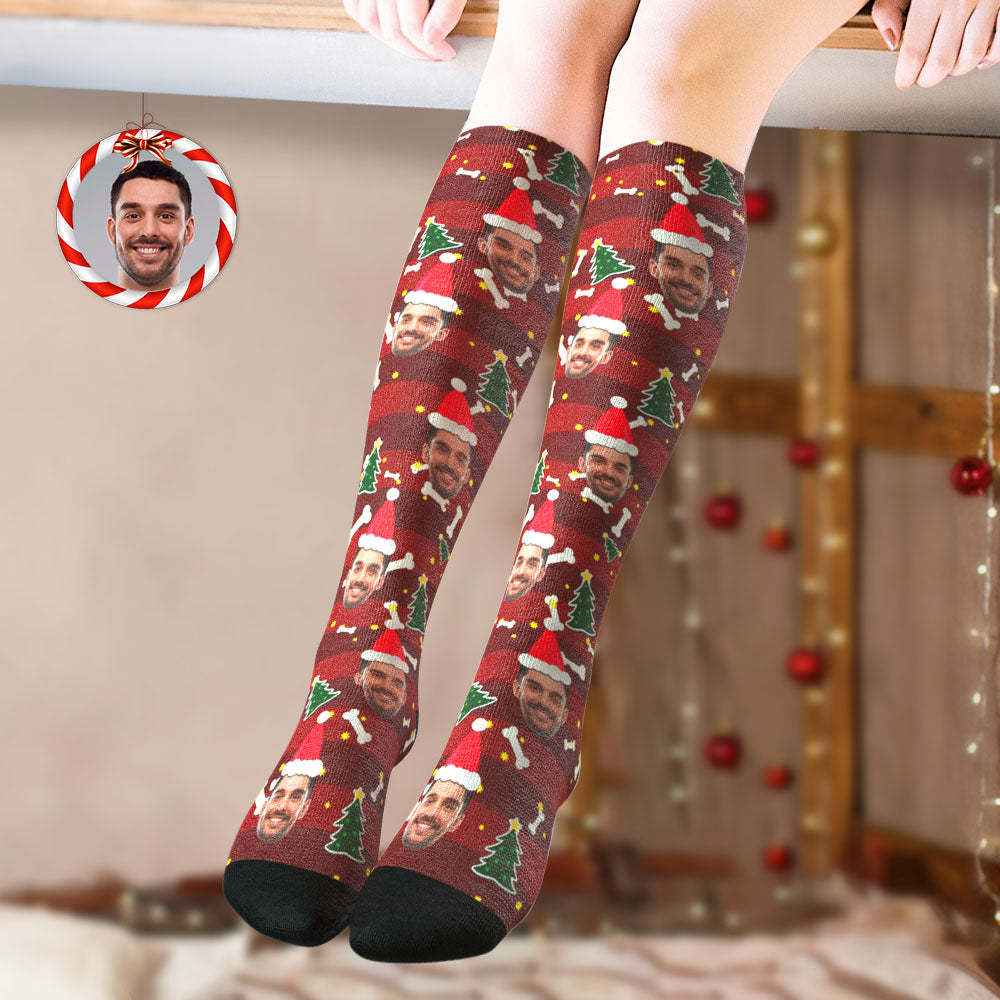 Custom Knee High Socks Personalized Face Christmas Socks Christmas Tree	 - FaceSocksUSA