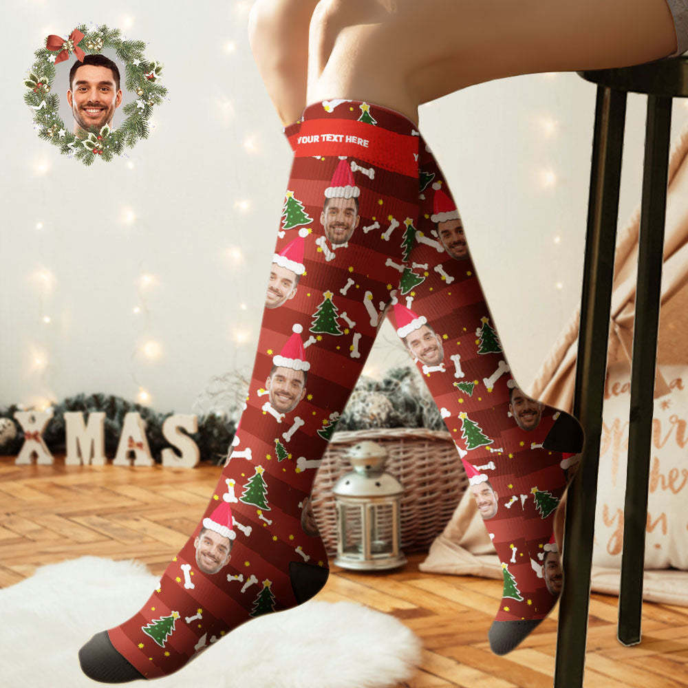 Custom Knee High Socks Personalized Face Christmas Socks Christmas Tree	 - FaceSocksUSA