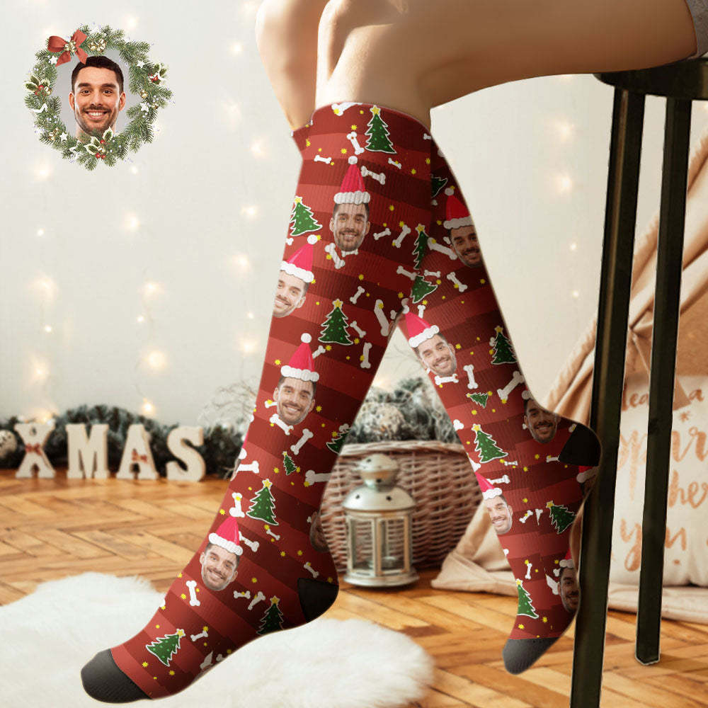 Custom Knee High Socks Personalized Face Christmas Socks Christmas Tree	 - FaceSocksUSA