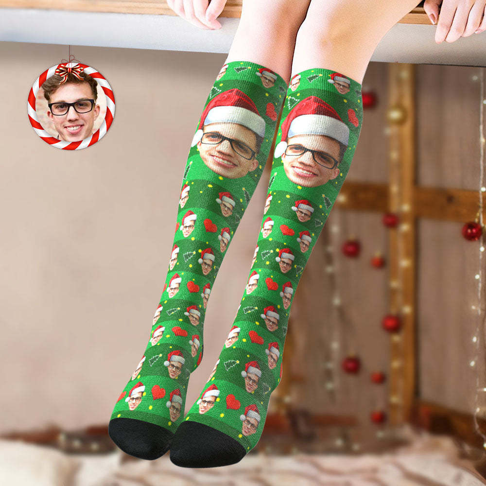Custom Knee High Socks Personalized Big Face Christmas Socks Christmas Tree	 - FaceSocksUSA