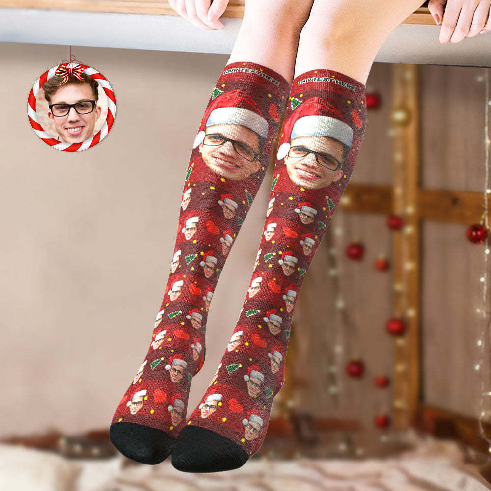 Custom Knee High Socks Personalized Big Face Christmas Socks Christmas Tree	 - FaceSocksUSA